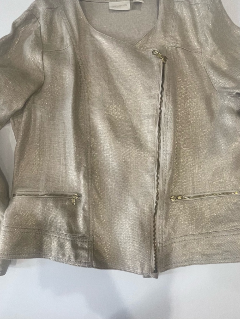 Chico's Metallic Gold Asymmetric Moto Jacket 100% Linen